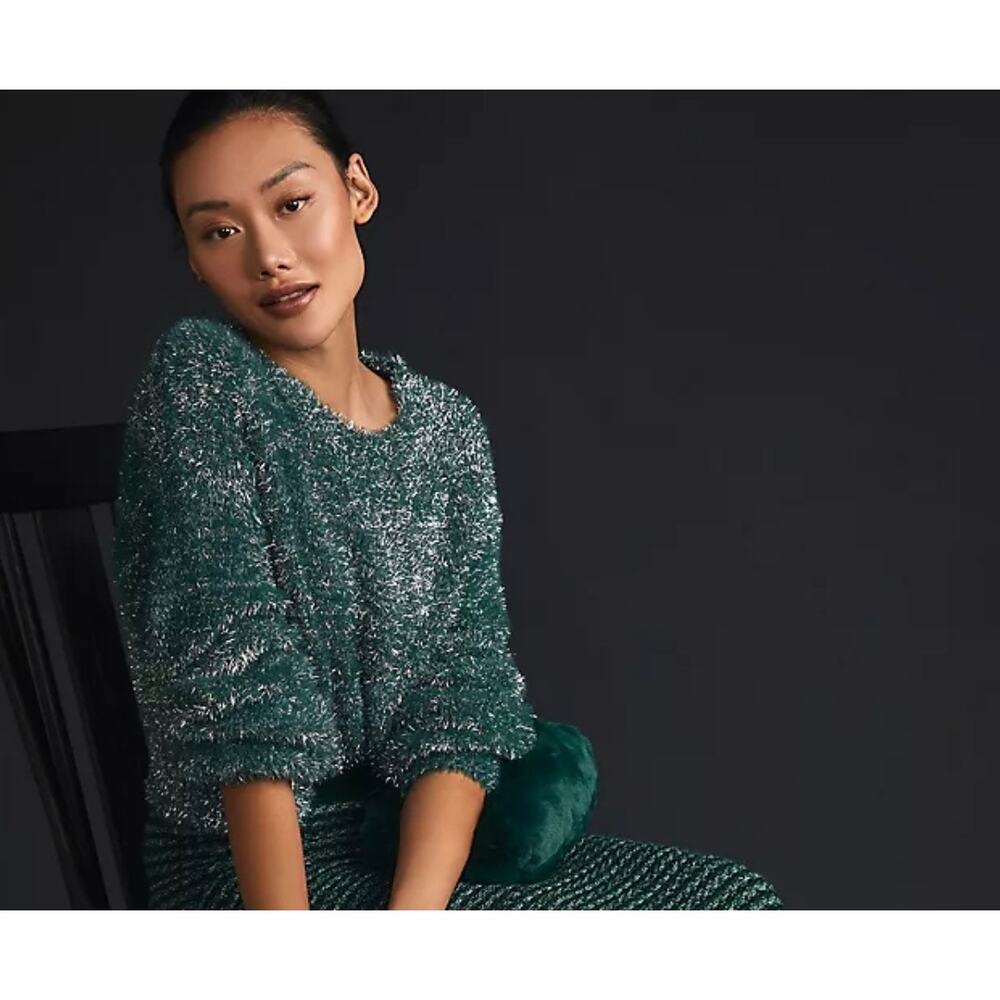 Maeve Anthropologie 3X Sparkle Tinsel Green Metallic Eyelash Sweater